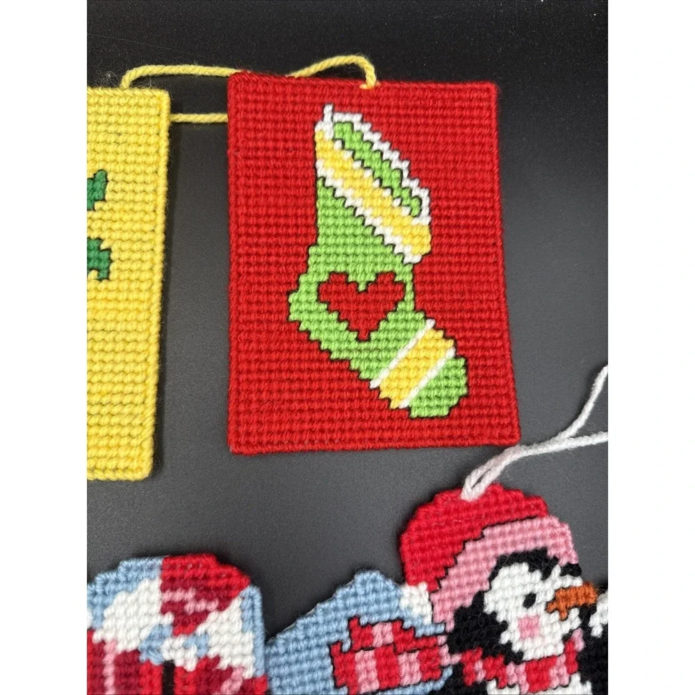 Lot of 8 Plastic Canvas Ornaments Christmas Penguin Snowman Cottage